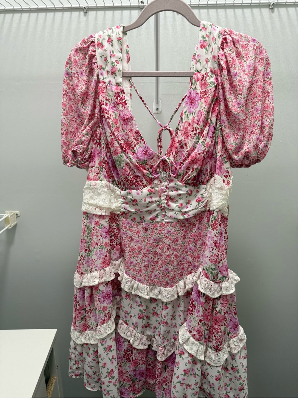 ARULA Pink & Cream Floral Lace-Trim Dress